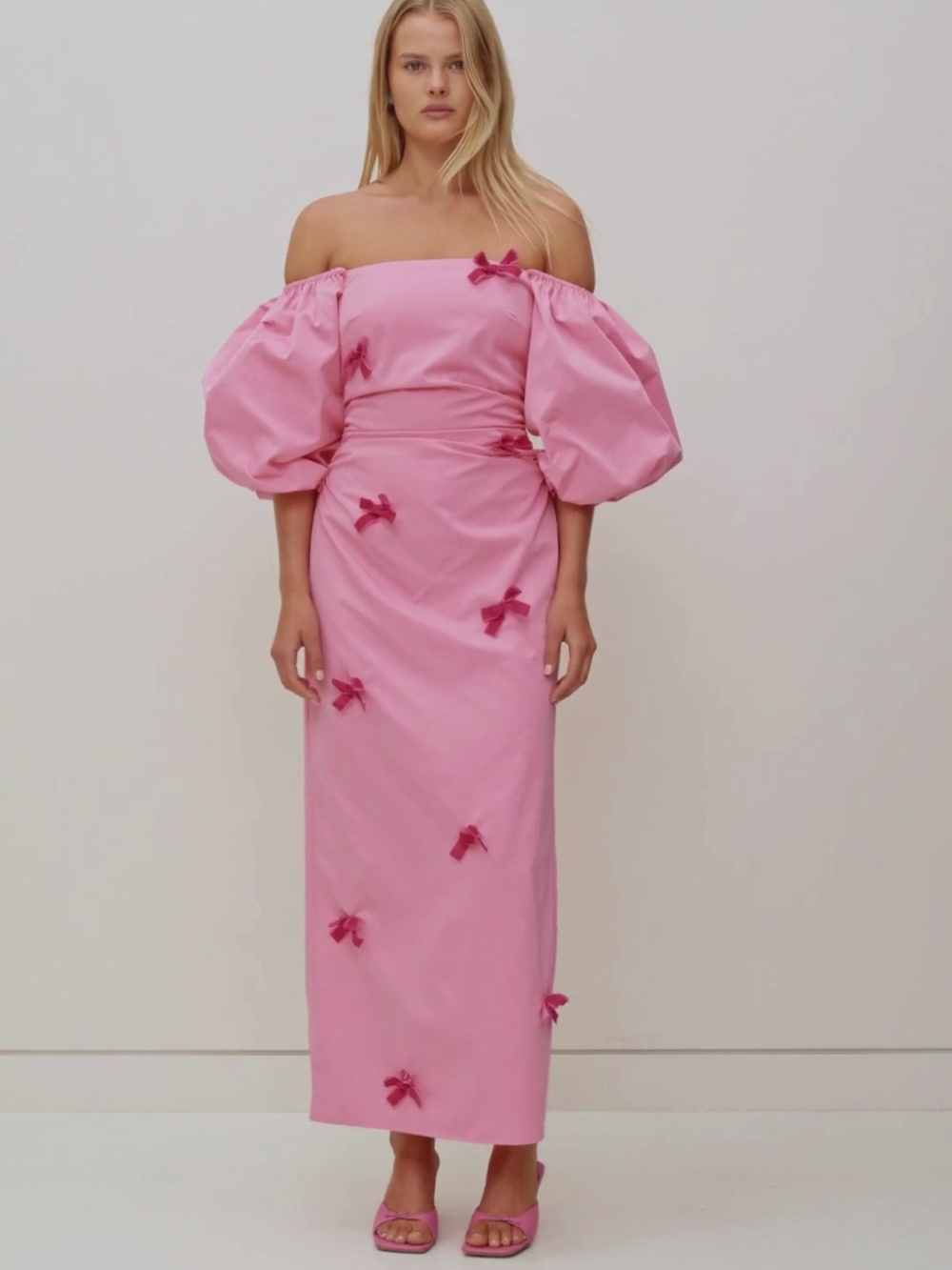 Strapless Puff-Sleeve Pink Midi Dress with Bow Details